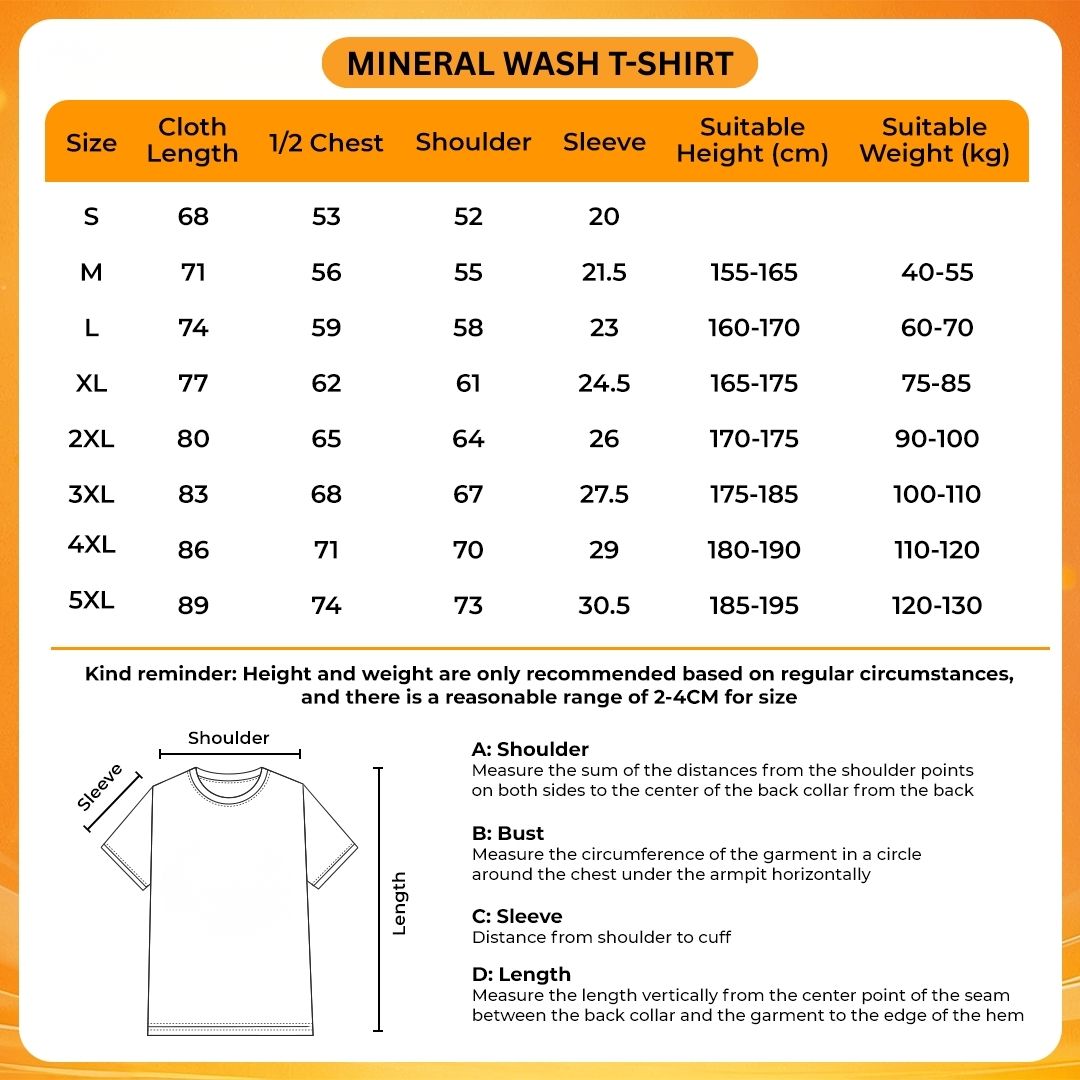 Mineral Wash T Shirt Size Chart - Your Lie In April Store